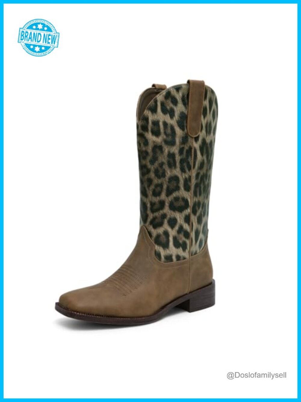 Faux Leather Mid Calf Cowgirl Boots Square Toe Chunky Low Heel Western
